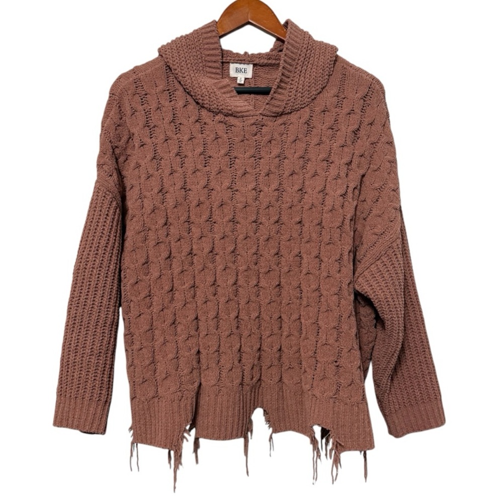 BKE Buckle Chenille Hooded Cable Knit Sweater Women’s Small Oversized Fringe Hem